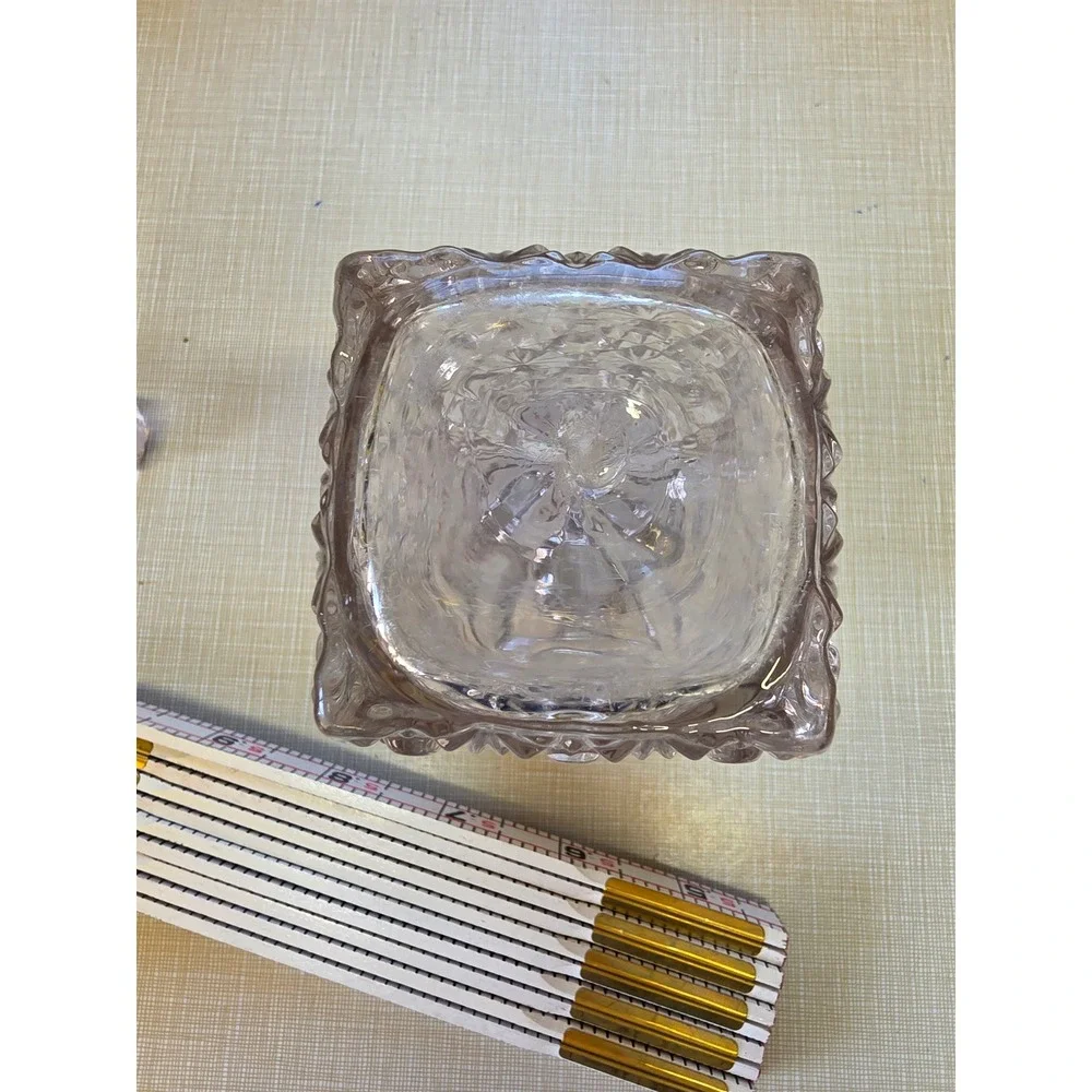 Vintage Clear Pressed Glass Square Decanter Starburst Diamond Pattern Stopper